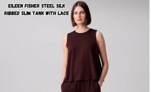 eileen fisher steel silk ribbed slim tank with lace